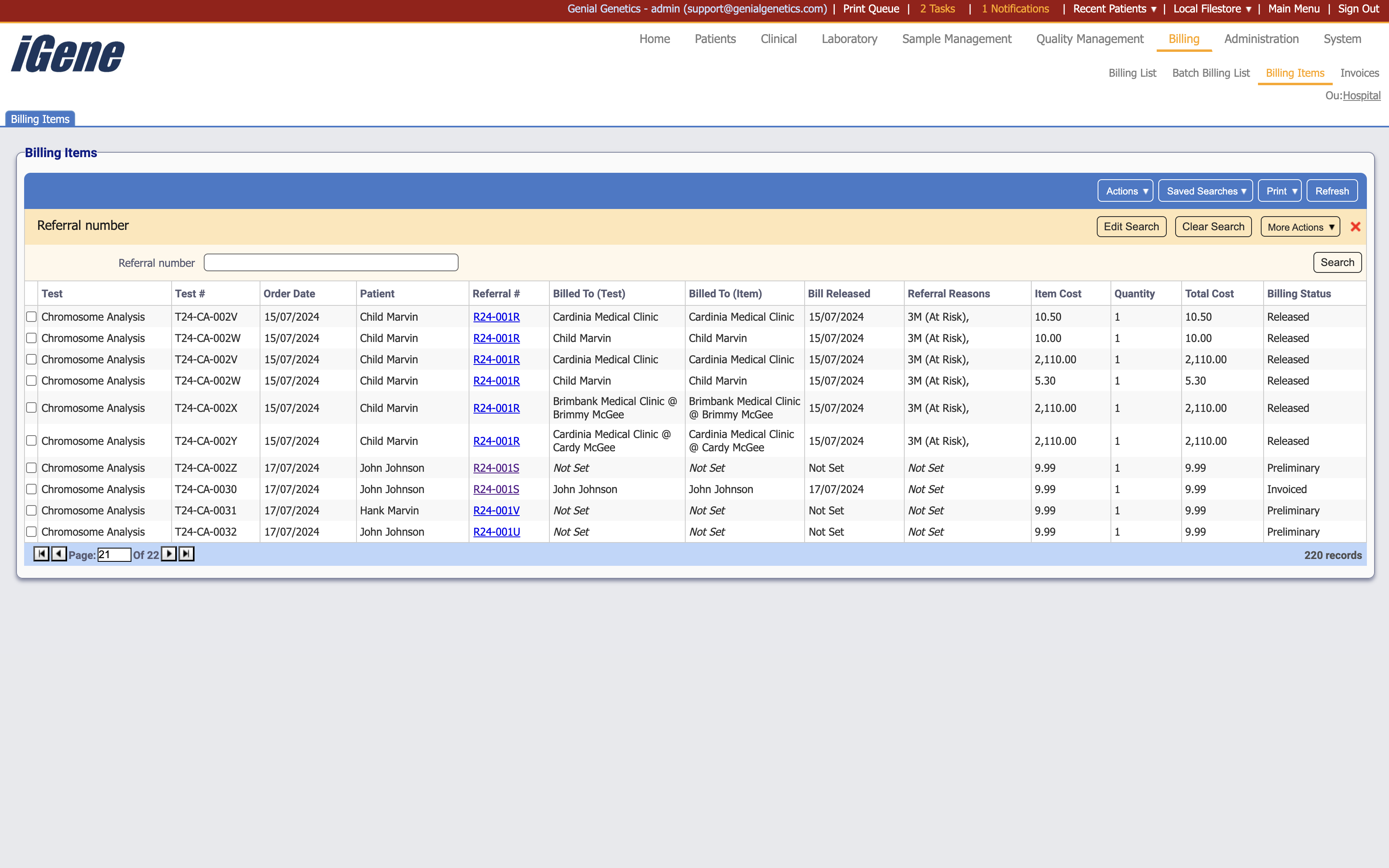 The billing items list