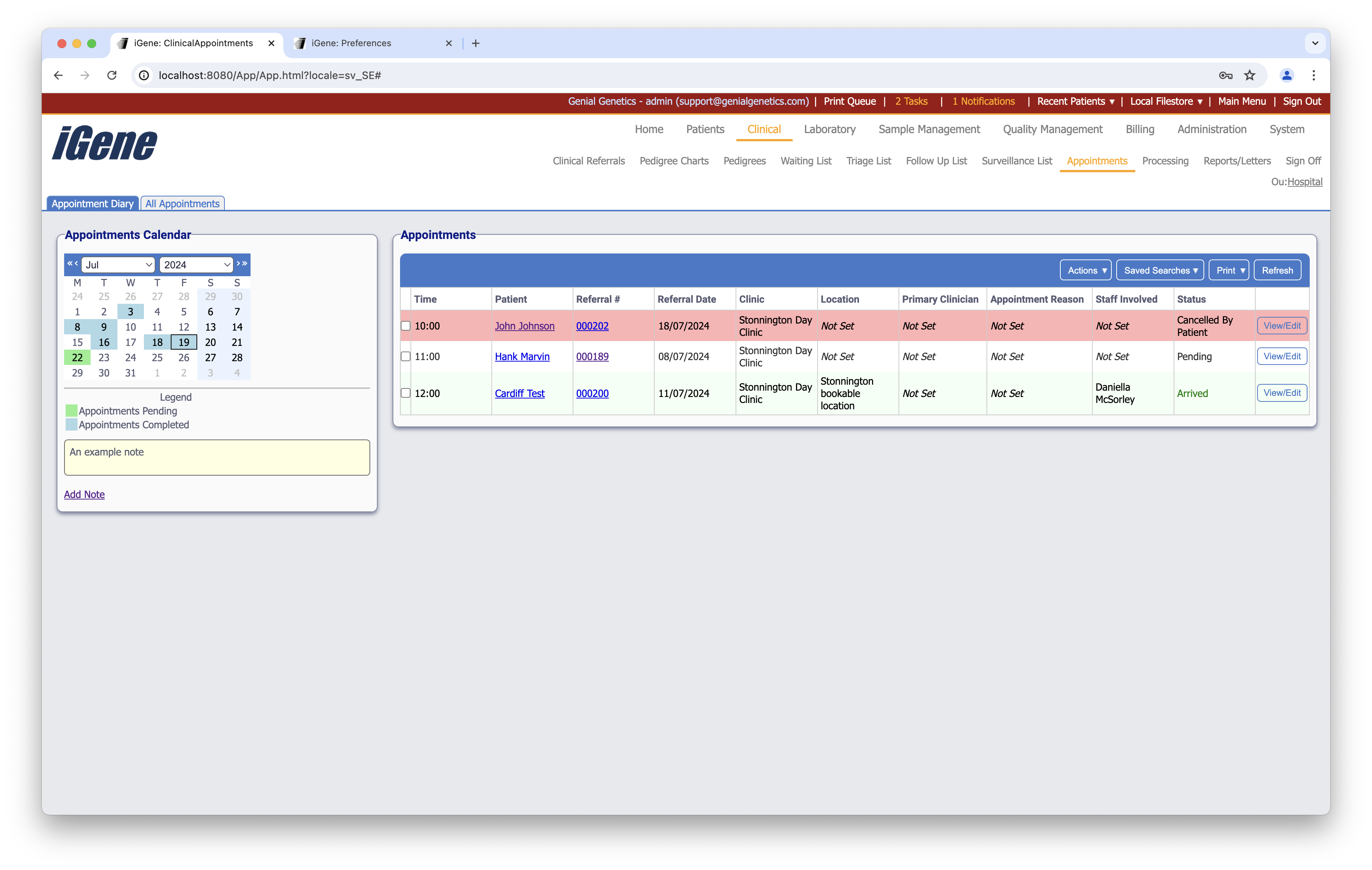 The appointments page