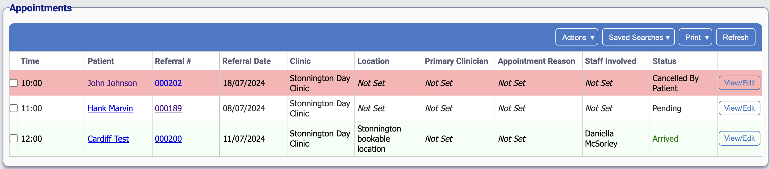 The appointments table