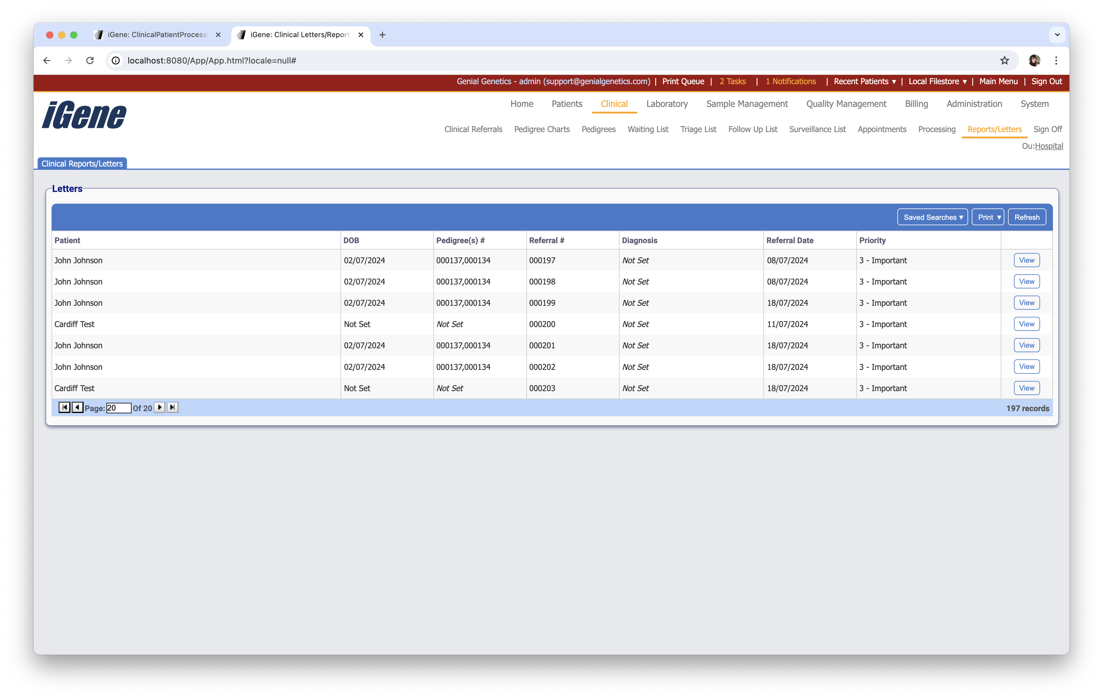 The reports/letters page