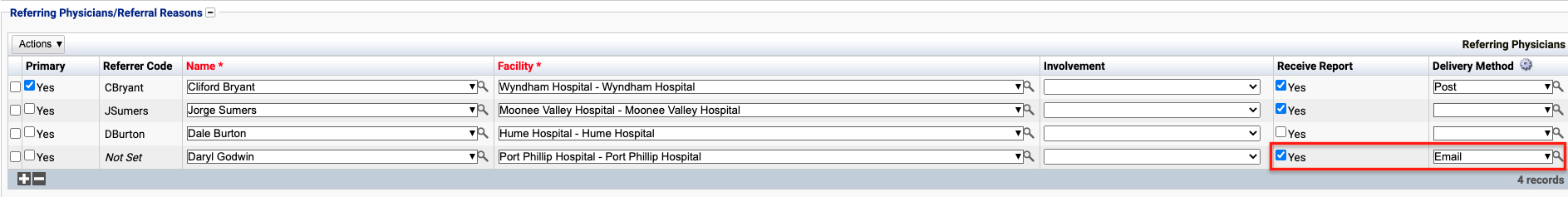 Physicians table in a referral showing Receive Report ticked and Email selected as Delivery Method