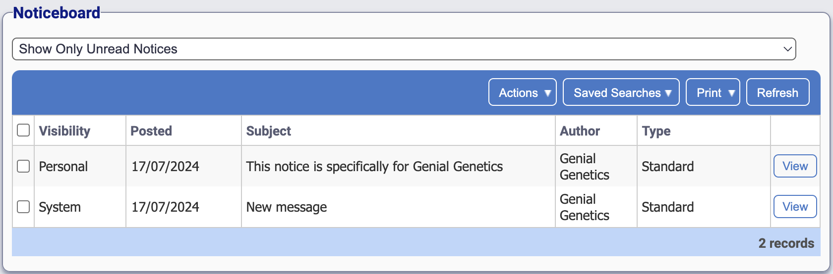 Two messages in the noticeboard