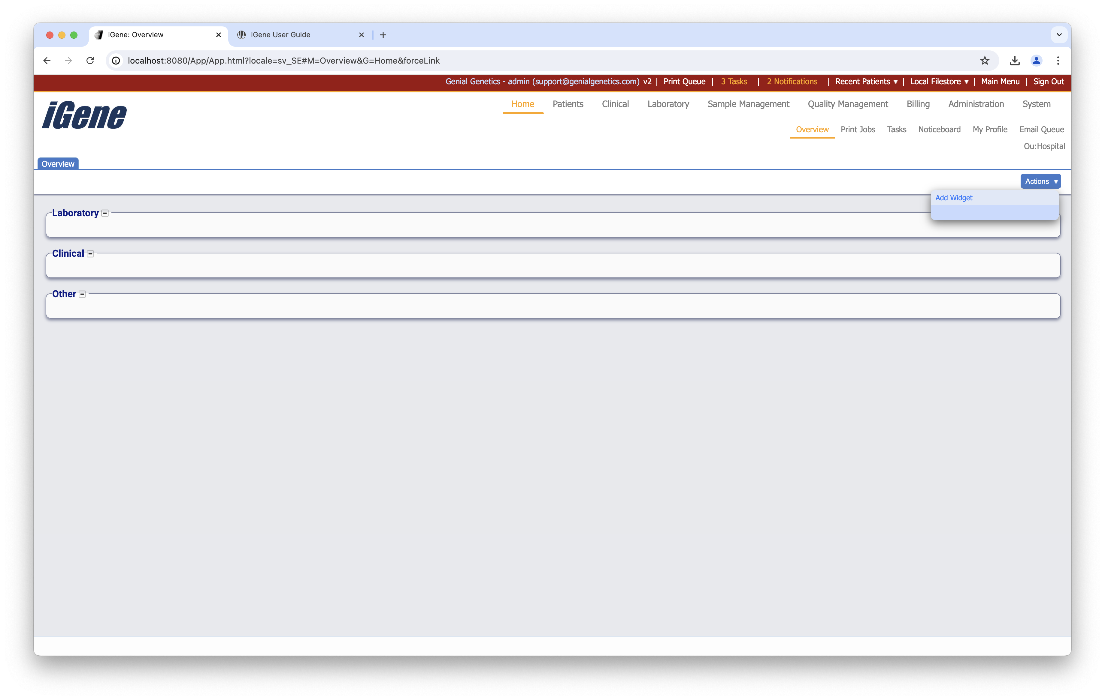 Screenshot of the overview page with the action button clicked