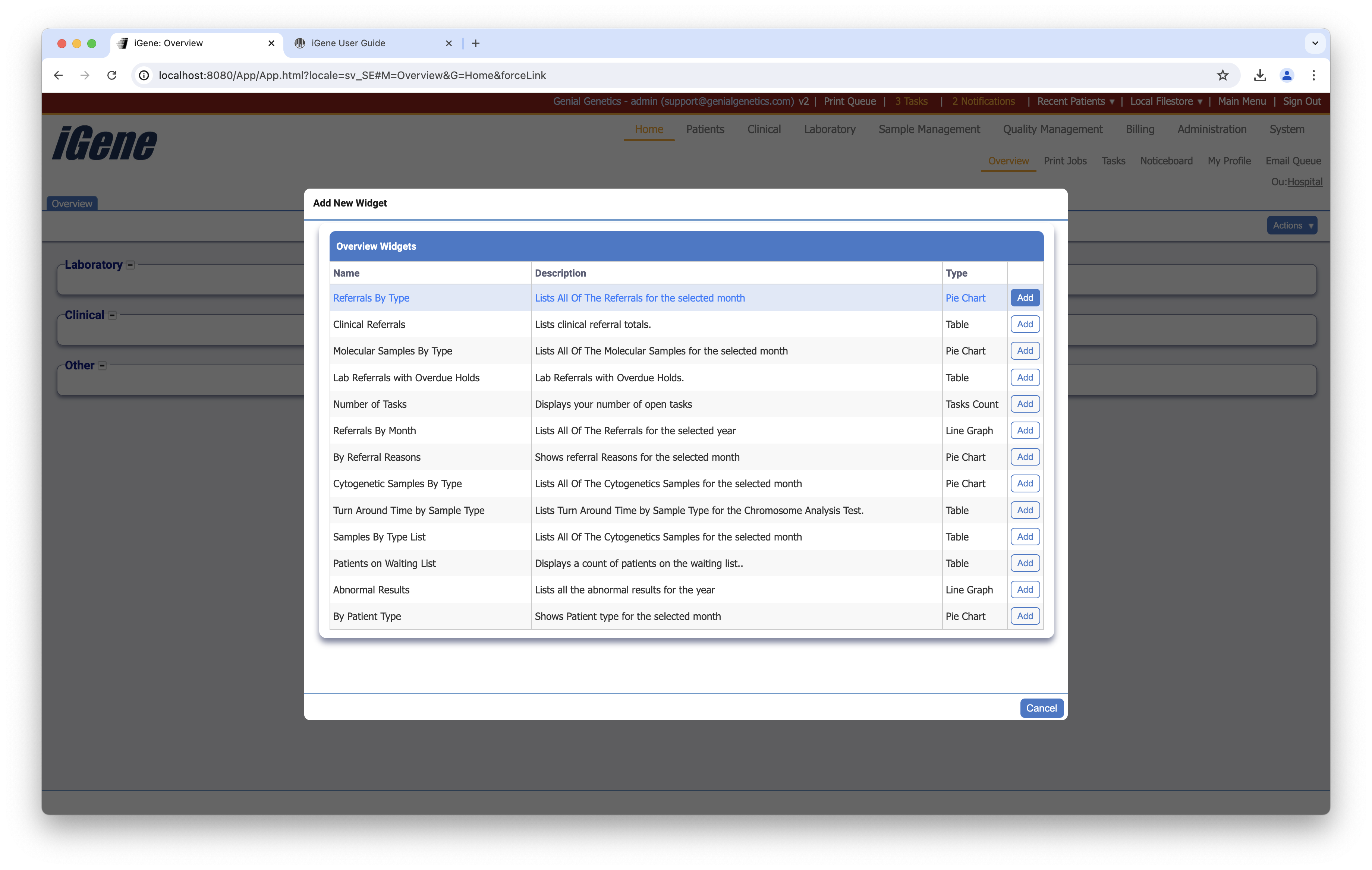 Screenshot of the overview page with widget popup present