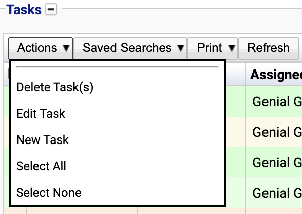The action menu in the tasks table.