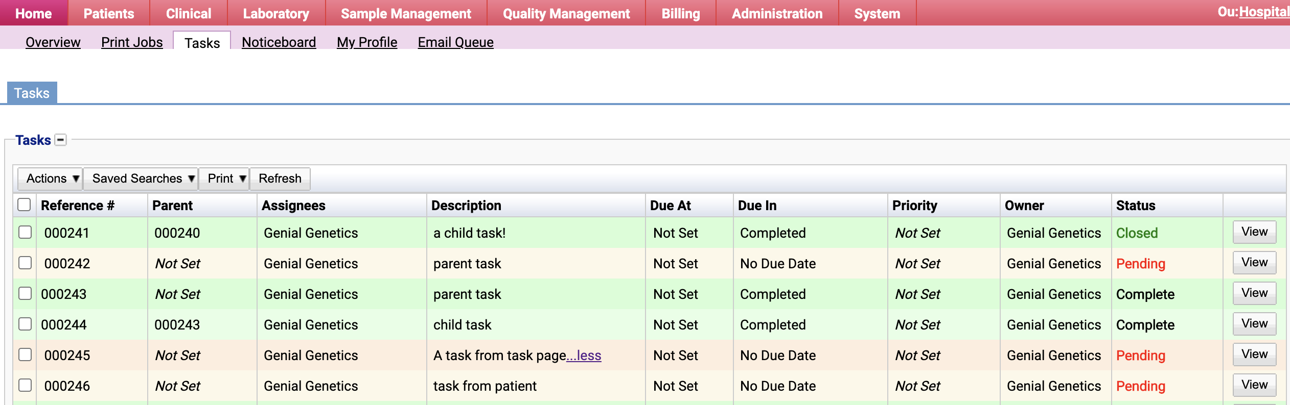 Picture of the tasks table under the Home tab.