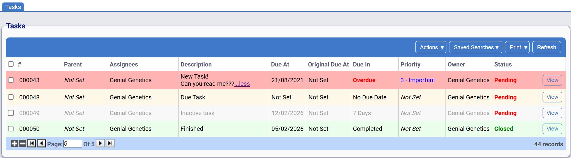 Picture of the tasks table under the Home tab.