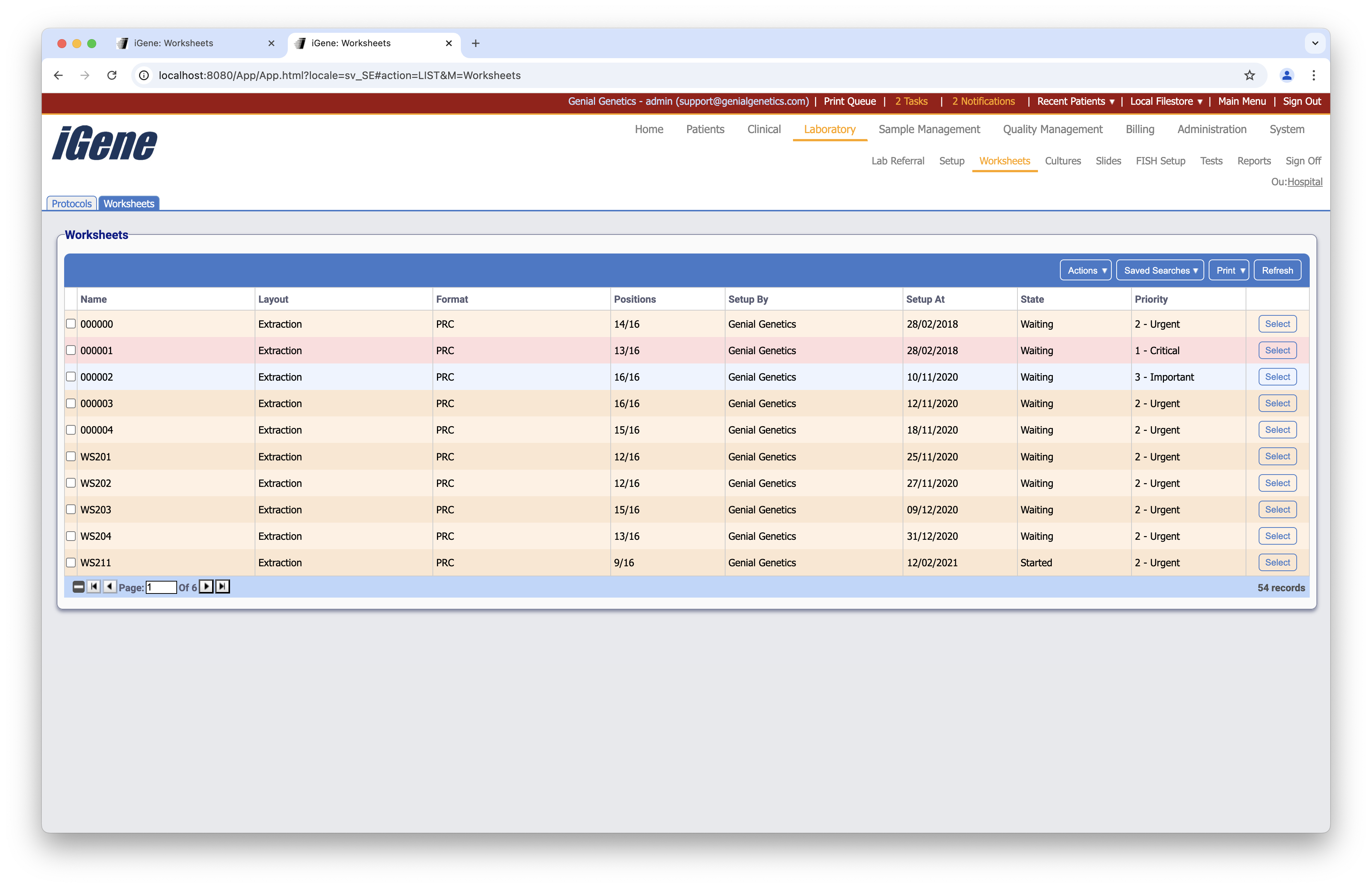 The list of worksheets