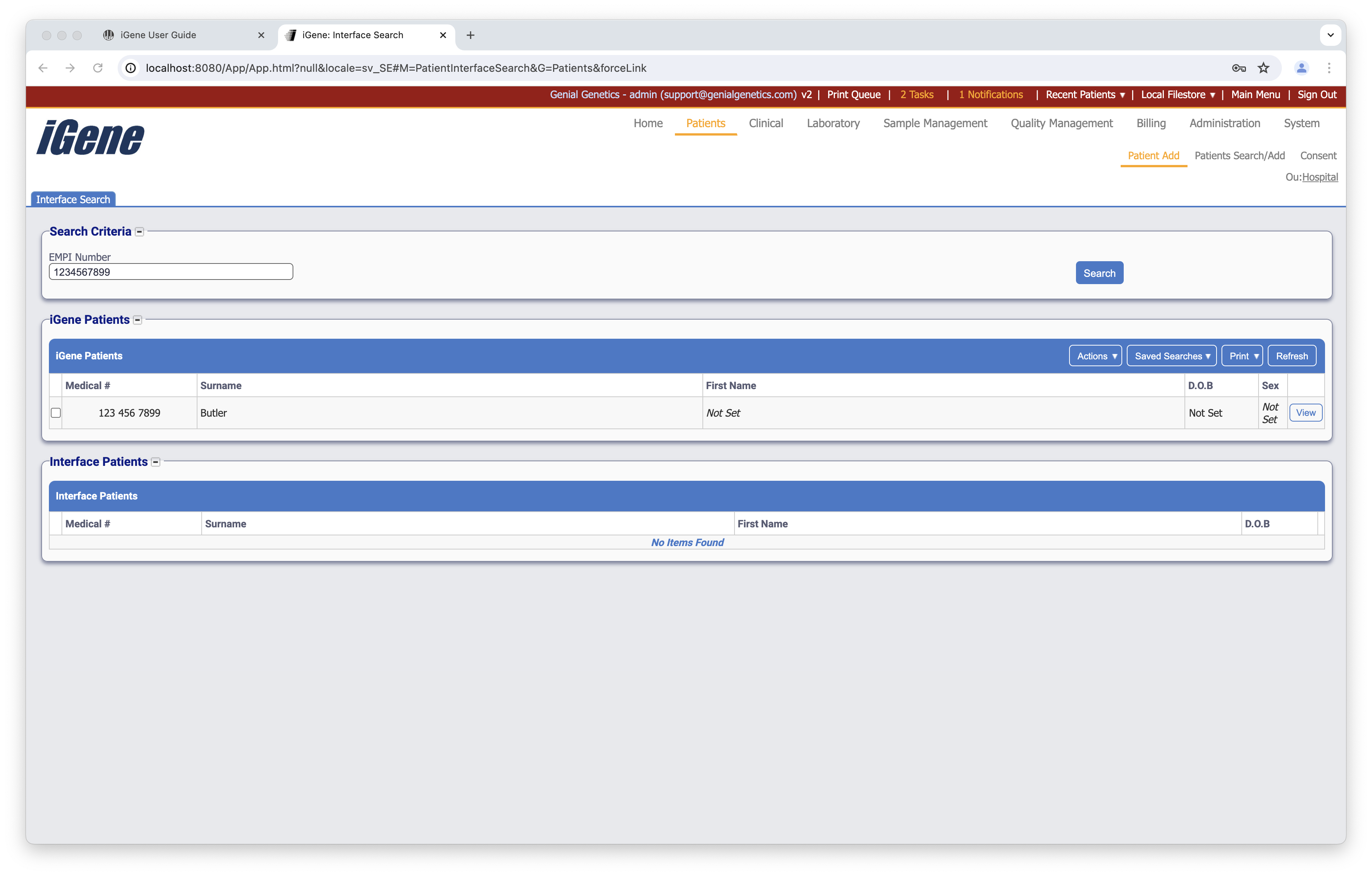 The Patient Add screen