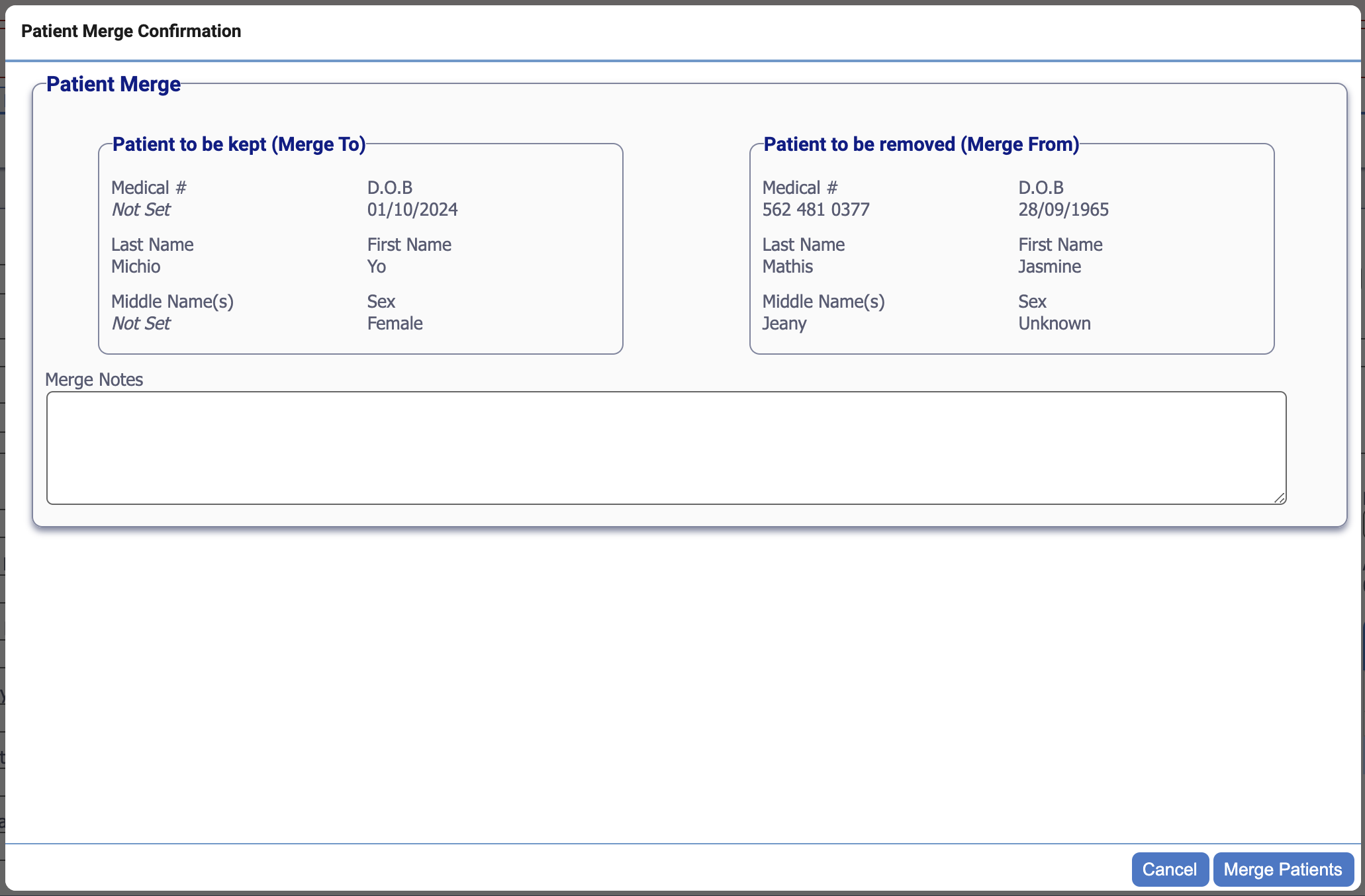Merge Patient Final Screen