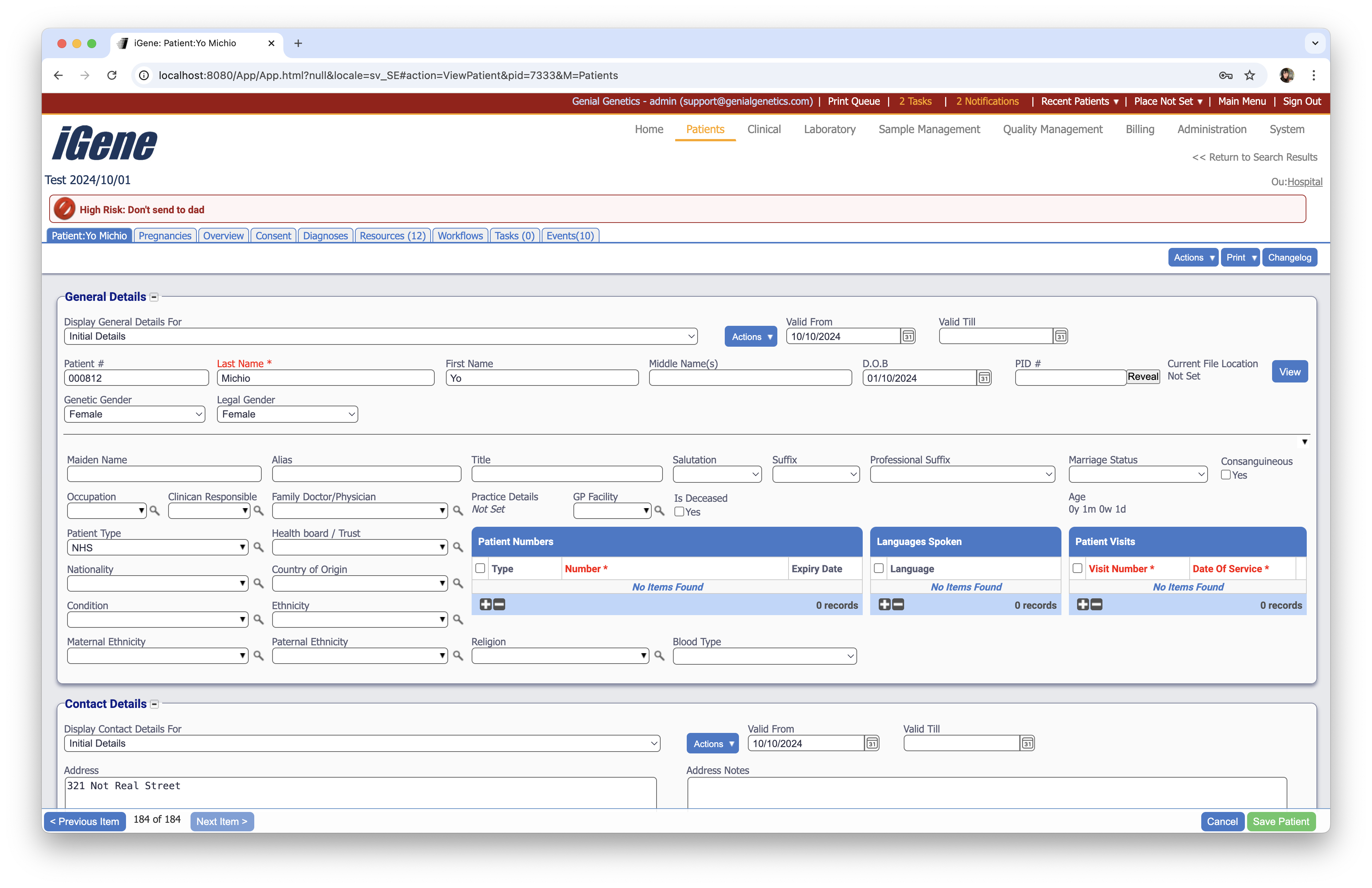 Patient Demographics Screen