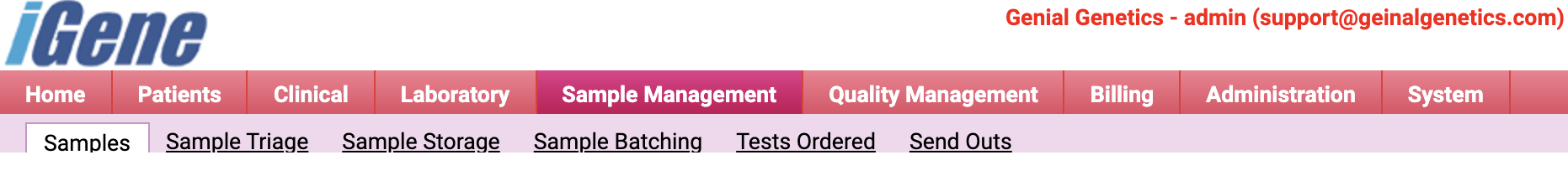 Showing the sample management tabs in iGene.