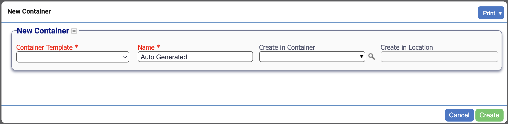 Create Container Pop-up