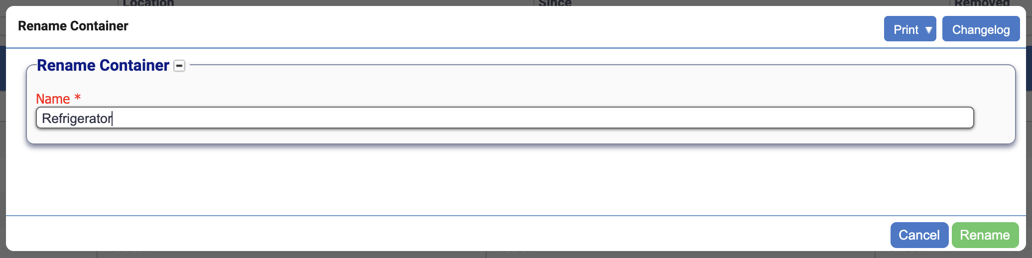 Rename Container Pop-up