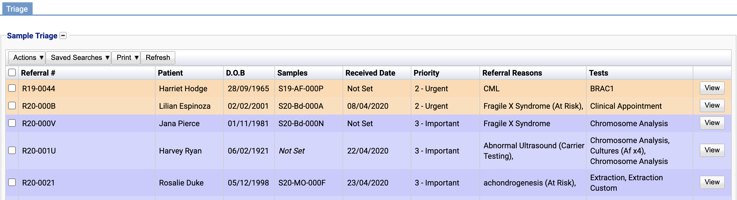 View of the sample triage page.