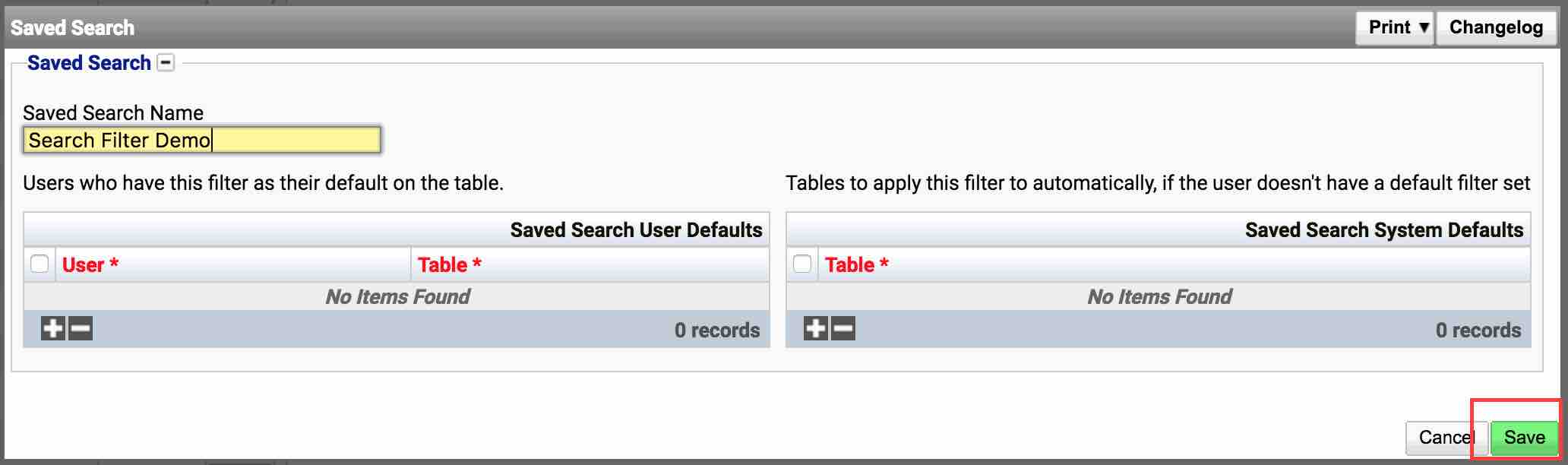 Search Filter Manage Defaults Save