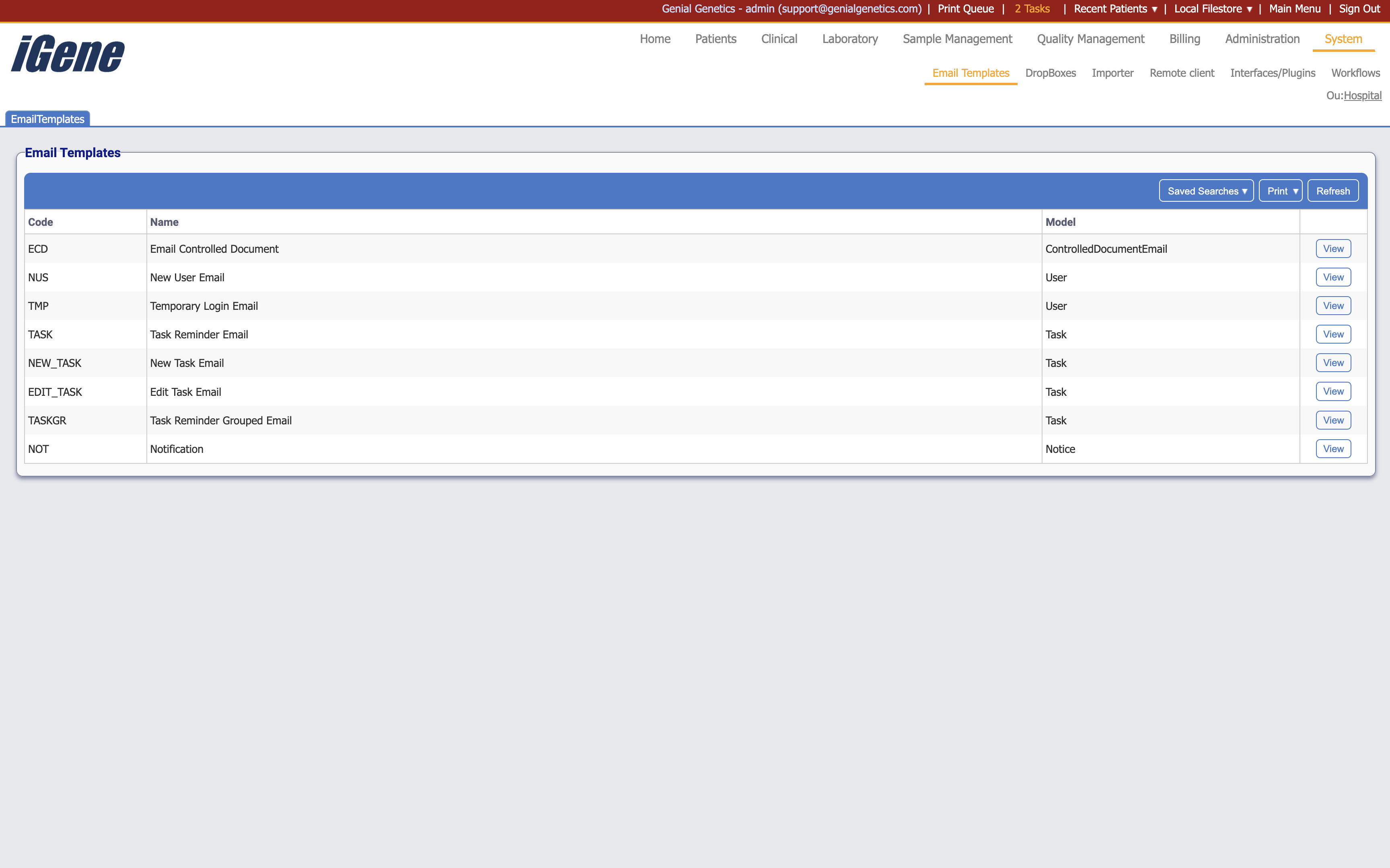 The email templates list
