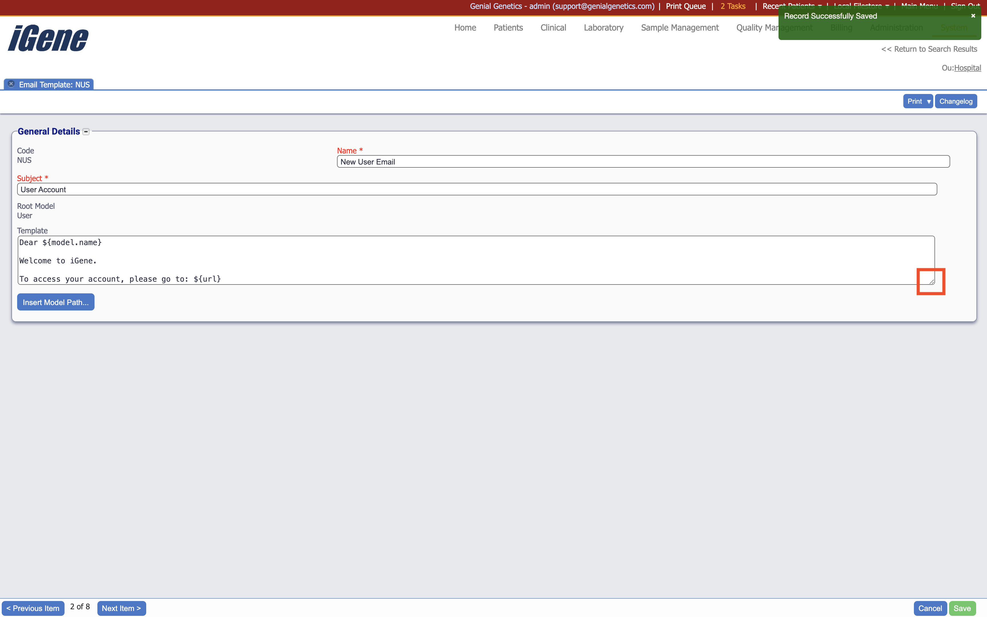 The email template details