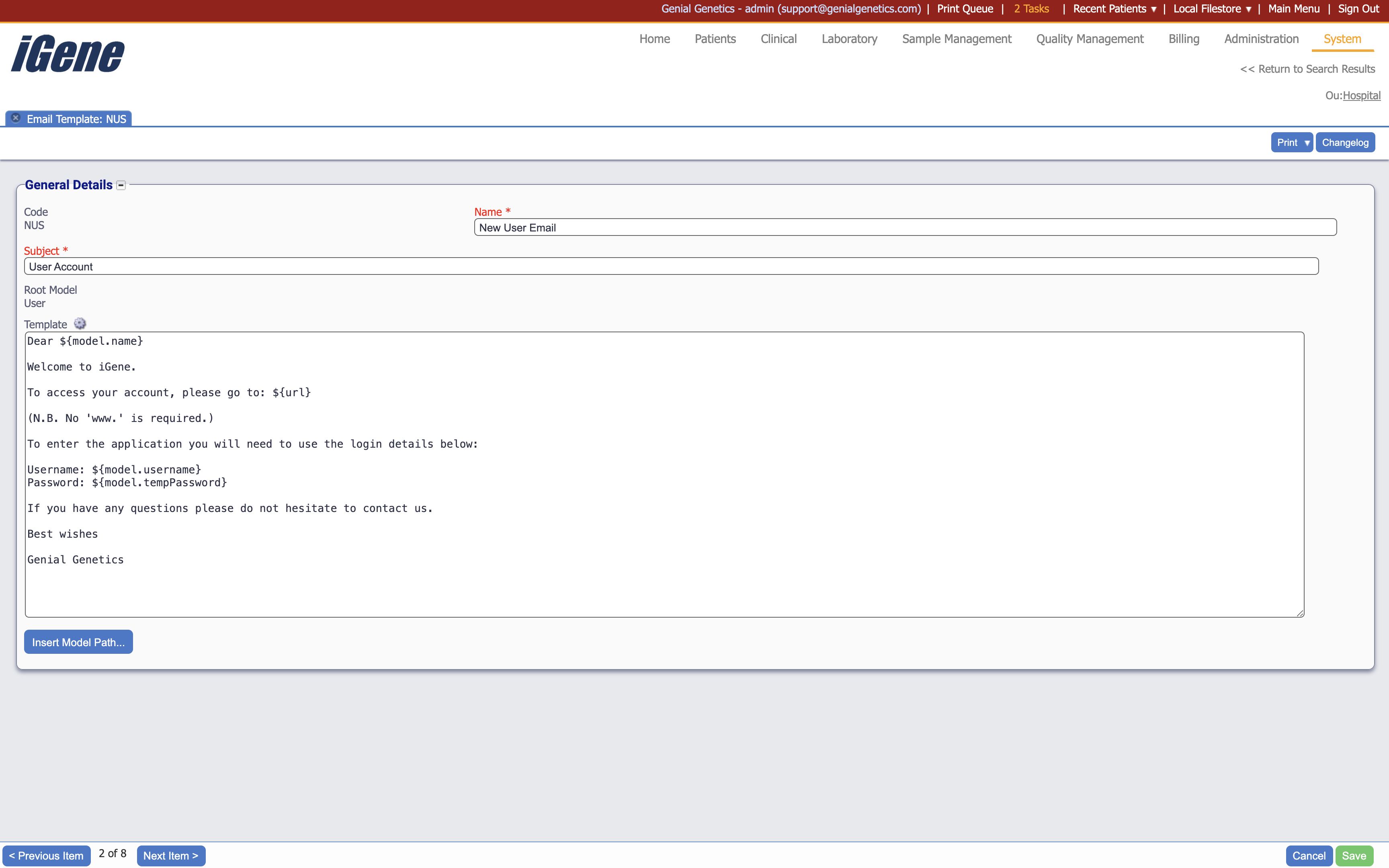 The email template details