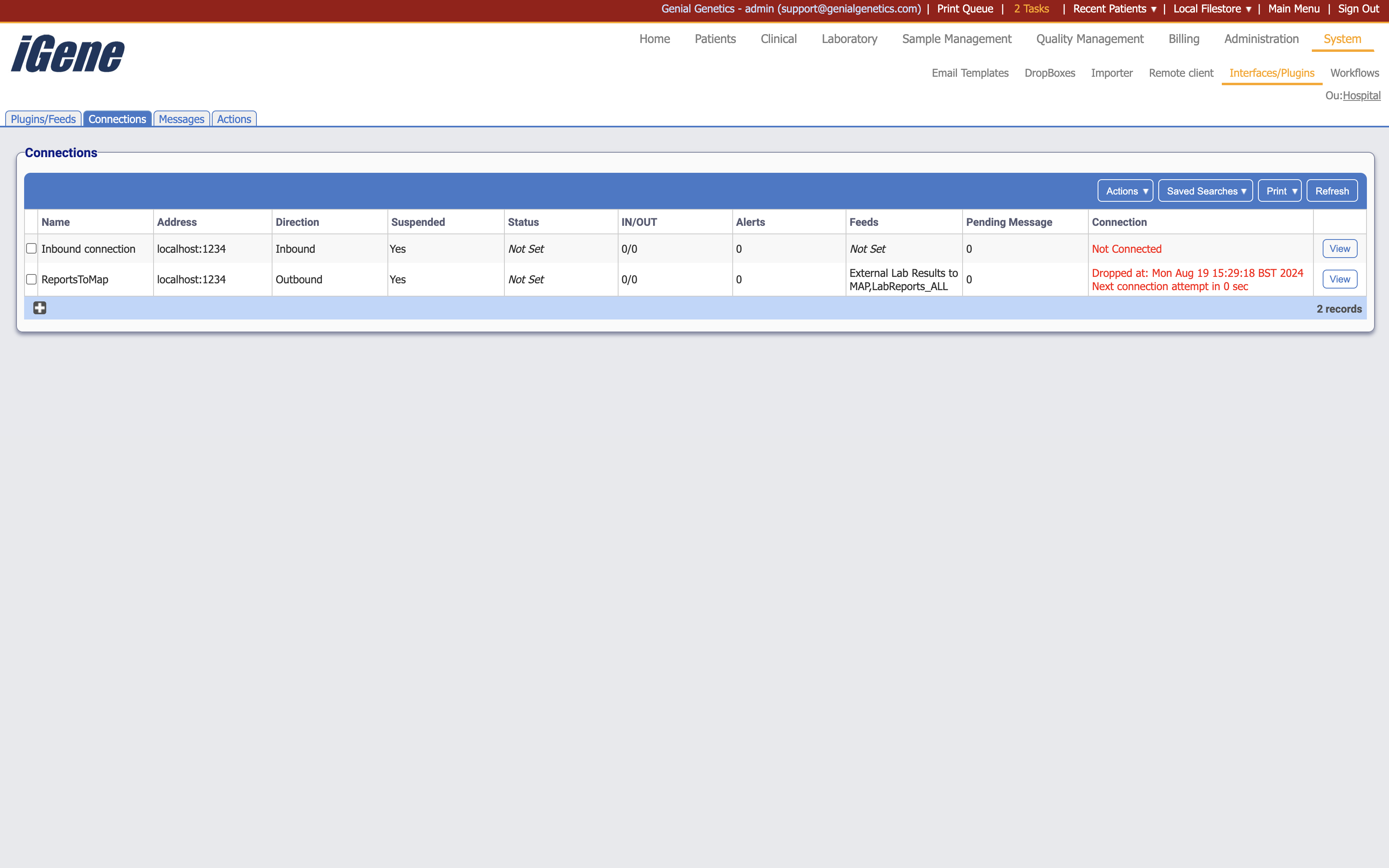 The connections list